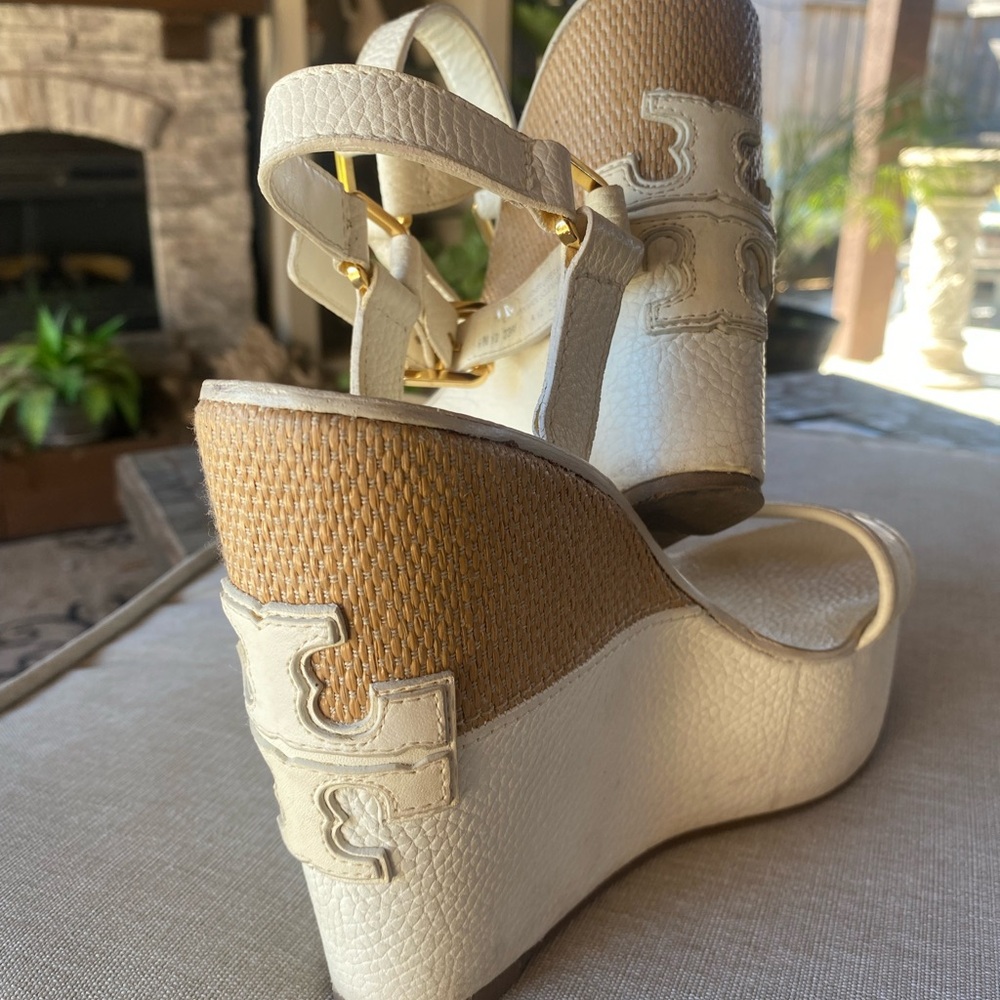 Tory Burch White and Tan Wedge Sandals with Ankle Strap and Platform